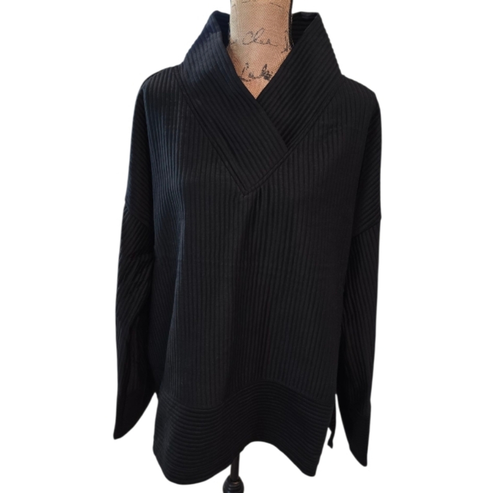 TAHARI SPORT Black Ribbed Knit Shawl Collar Pullover Sweatshirt Women's 3X New